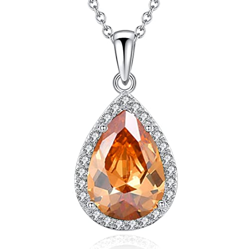 VONSSY Classic Oval Pendant Gemstone Necklace | Crystal Ruby Waterdrop Birthstone Teardrop Emerald Sapphire Necklace | 18K Platinum Plated Chain (Dia White)