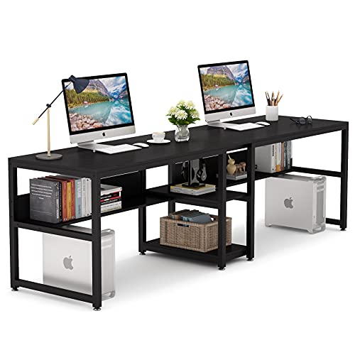 Tribesigns Two Person Desk with Bookshelf, 78.7 Computer Office Double Desk for Two Person, Rustic Writing Desk Workstation with Shelf for Home Office (Black)