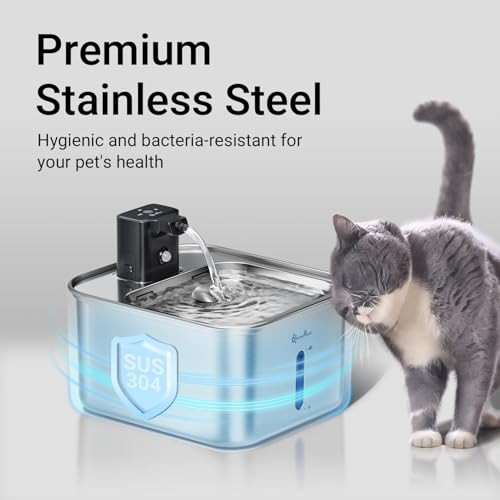 DownyPaws Cat Water Fountain Stainless Steel Wireless, 101 oz/3L FurSink Battery Operated Cat Water Dispenser for Pets Indoor, Cordless Dog Drinking Fountain with Motion Sensor, Easy to Clean, Black