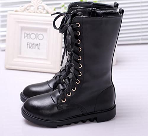 DADAWEN Kid's Girls Leather Lace-Up Zipper Mid Calf Combat Riding Winter Boots (Toddler/Little Kid/Big Kid) White US Size 13 M Little Kid