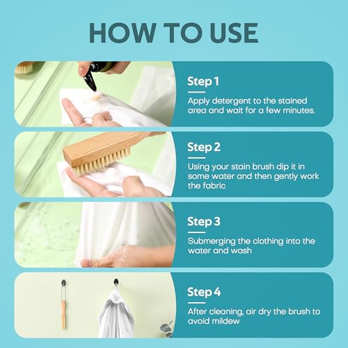 BFWood Laundry Stain Brush, Large Natural Soft Boar Bristle for Scrubbing Out Tough Stains on Delicate Fabrics, Knits, Cotton, Linens, No Damage