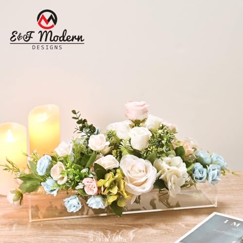 E&F Modern Designs Rectangular Floral Centerpiece Vases - 2 Pack 16 Holes Acrylic Clear Vase - Decorative Rectangle Flower Holder for Wedding Centerpiece Table Decorations