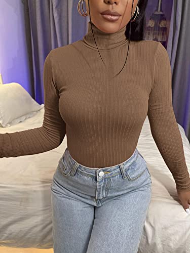 SweatyRocks Women's Long Sleeve Turtleneck Ribbed Knit Pullover Sweater Top Plain Brown S