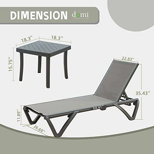 Domi Pool Lounge Chairs Set of 3, Adjustable Aluminum Outdoor Chaise Lounge with Side Table, All Weather Use for Deck Lawn Poolside Backyard - Grey Textilene