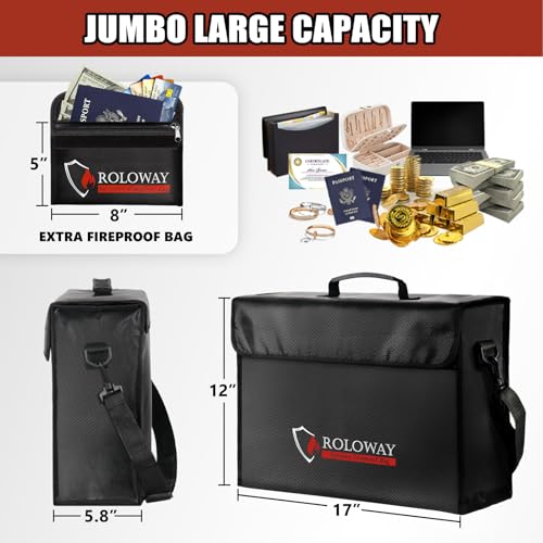 ROLOWAY Large Fireproof Bag 5200°F Heat Insulated (17 x 12 x 5.8 inches), Fireproof Document Bag with Fireproof Money Bag for Cash Safe, Fireproof Document Box, Fireproof Safe Bag for Document Safe