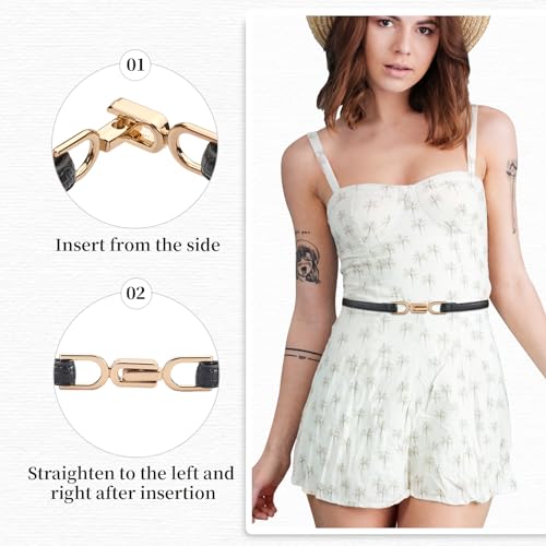 LCG LUCHENGYI 2 Pack Women Leather Skinny Belt Adjustable Thin Waist Belt Ladies Fashion Belts Golden Buckles for Dresses
