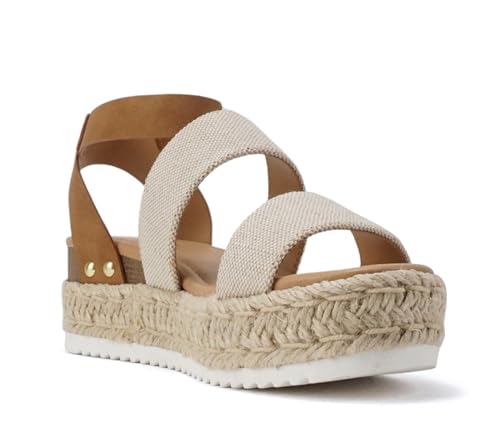 Soda Top Shoe Bryce Open Toe Buckle Ankle Strap Espadrilles Flatform Wedge Casual Sandal (Beige Canvas/Taupe, US Footwear Size System, Adult, Women, Numeric, Medium, numeric_8_point_5)