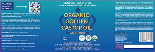 QUEEN OF THE THRONES Organic Golden Castor Oil - 500mL (16.9oz) | 100% Pure & Expeller-Pressed for Hair, Skin & Digestion | Hexane Free | USDA Certified
