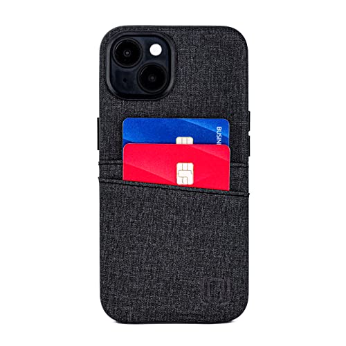 Dockem iPhone 14 Card Case with Built-in Metal Plate for Magnetic Mounting & 2 Card Holder Pockets: Luxe M2 Wallet, Canvas Style Synthetic Leather (iPhone 14, Black)