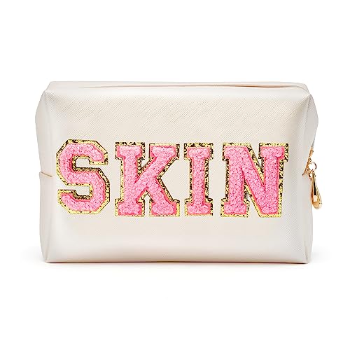 Y1tvei Large Capacity Chenille MAMA Makeup Bag Waterproof Nylon Portable Lay Flat Open Wide Cosmetic Toiletry with Handle Divider Travel Organizer Mama to Be Mother's Day Gift for Women Mom, Beige