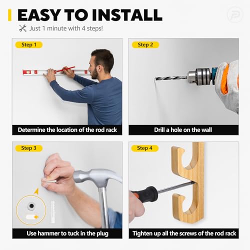 PLUSINNO WH5 Horizontal Fishing Rod/Pole Holders for Garage, Wall or Ceiling Mounted Fishing Rod Rack, Solid Wood Fishing rod Holder Holds up to 5 Rod or Combos or Nets Storage Racks