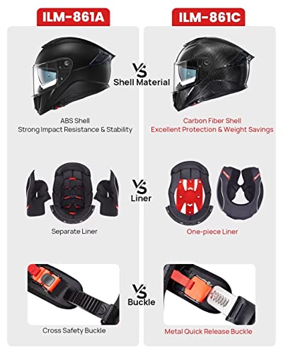 ILM Carbon Fiber Motorcycle Helmets Lightweight Full Face Dual Visor Helmet with Rear Wing Pinlock Compatible Motorbike Street Bike DOT ECE Men Women Model 861C (CarbonFiber3K, S)