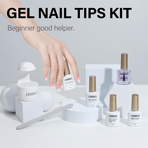 AILLSA Gel Nail Kit XS Almond Nail Tips 240pcs with Nail Glue Base Top Coat and Nail Dehydrator, All-In-1 Beginner Red White Gel Polish Kit with Mini Nail Light for Christmas
