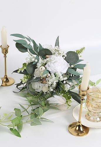 SDEERIT White Artificial Greenery Spray, 20PCS Artificial Filler Plants with 6 Kinds of Eucalyptus Greenery Centerpieces for Tables Fake Plants for DIY Wedding Bouquet Table Centerpieces (White)