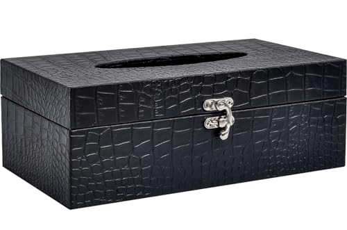 JUMBO DECOR Crocodile Leather Tissue Box Cover with Clasp – Modern Elegant Black Tissue Box Holder for Bathroom, Bedroom, and Living Room – Kleenex Box Covers in Rectangle Shape