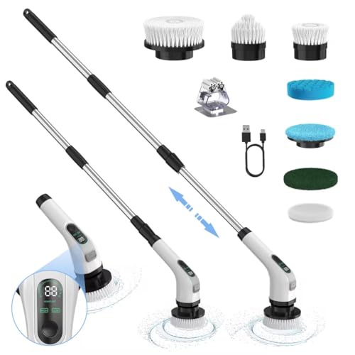 Electric Spin Scrubber with Long Handle: Cordless Power Shower Scrubber Spin Brush with 7 Brush Replacement Heads for Cleaning Bathroom,Tub, Tile