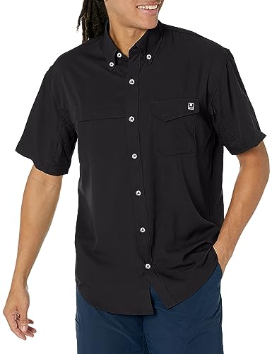HUK Men's Tide Point Solid Short Sleeve Shirt, Fishing Button Down (Cypress Landing, Medium)