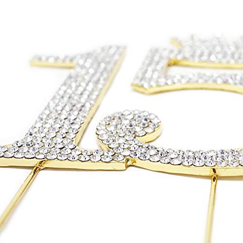 Number 15 Quinceanera Rhinestone Princess Crown Monogram Cake Topper - Sweet 15th Birthday Party (Gold)