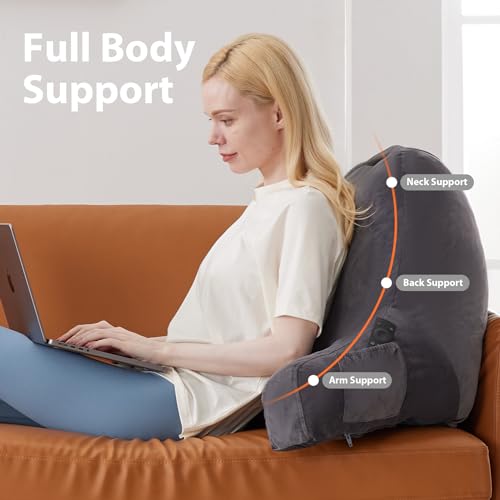 IPYNBAP Reading Pillow with Arms for Adults, Back Pillow for Bed Sitting Up, Shredded Memory Foam Backrest Pillow with Pockets & Removable Washable Cover, Lounging, Watching TV, Reading(18inch Grey)