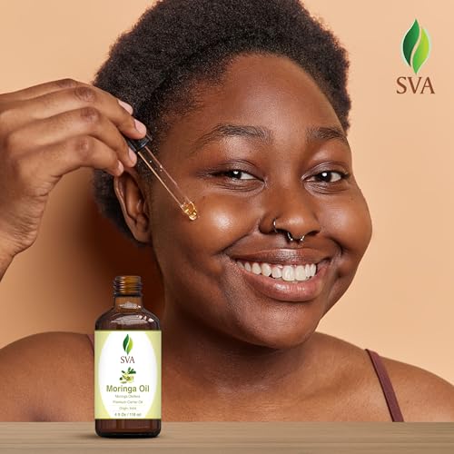 SVA Moringa Seed Oil - 4 Fl Oz – 100% Natural Cold Pressed Moringa Oil - for Face, Skin Care, Hair Care, Scalp Massage & Body Massage – Carrier Oil with Dropper