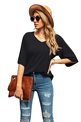 SUEANI Women's Summer V-Neck 3/4 Bell Sleeve Loose Shirt Casual Basic Top(Medium, VG Cerise)