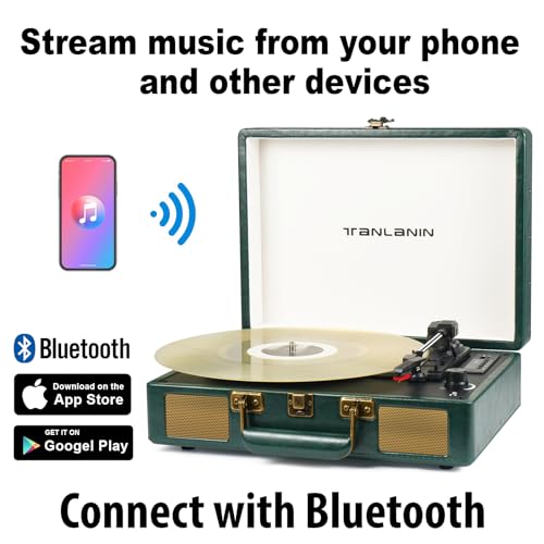 Vintage 3-Speed Bluetooth Portable USB Suitcase Record Player with Built-in Speakers | Upgraded Vinyl Turntable Audio Sound| Includes Extra Stylus & Mat | Green