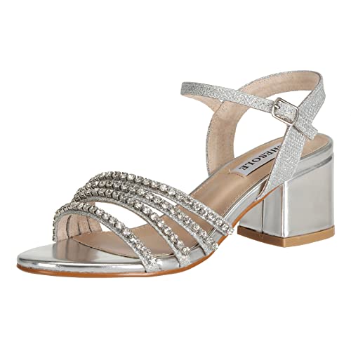 SheSole Women's Strappy Open Toe Rhinestone Low Block Chunky Heels Sandals Silver Sandals Wedding Party Dress Shoes for Women Silver US 6