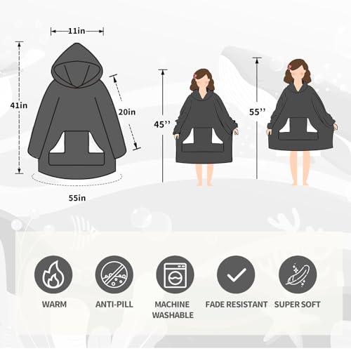 Touchat Wearable Blanket Hoodie, Oversized Sherpa Blanket Sweatshirt with Hood Pocket and Sleeves, Super Soft Warm Plush Hooded Blanket for Kids, One Size Fits All (Airy Blue)