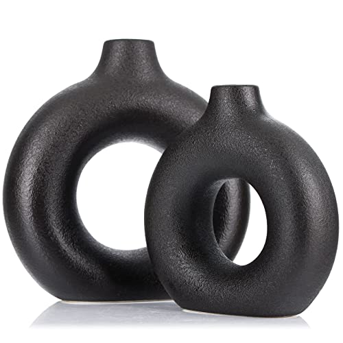 Matte Black Ceramics Vase for Home Decor,Minimalist Nordic Hollow Donut Vase Set of 2,Modern Boho Decor for Kitchen Table Centerpiece,Living Room,Fire Place,Bookshelf,Office,Entryway,Console