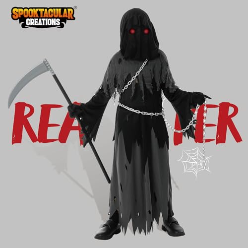 Spooktacular Creations Glowing Eyes Grim Reaper Costume for Kids, Halloween Costume for Boys, Phantom Costume-S(5-7yr)