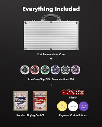 Poker Chips with Denominations, 300-pcs 11.5g Weighted Numbered Casino Chips Set, 5 Dice, 2 Decks with Compact Aluminum Case for Texas Hold'em, Blackjack, Age 8 and Plus
