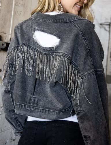 Joiemont Womens Denim Jacket with Fringe Rhinestones Long Sleeve Distressed Ripped Denim Jackets with Pockets(0025-Black-S)