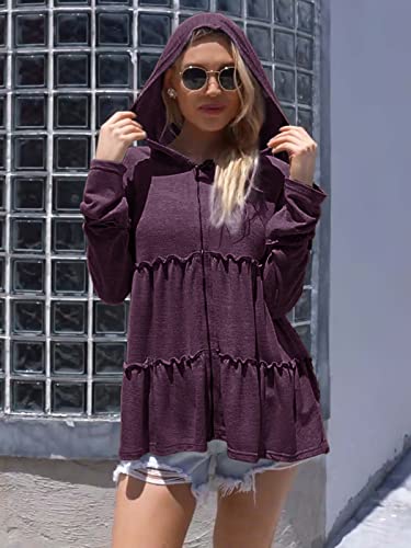 DEESHA Full Zip Up Hoodie for Women Pleated Tiered Ruffle Hooded Sweatshirts Jacket Coat Long Sleeve Purple