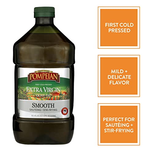 Pompeian Smooth Extra Virgin Olive Oil, First Cold Pressed, Mild and Delicate Flavor, Perfect for Sauteing and Stir-Frying, Naturally Gluten Free, Non-Allergenic, Non-GMO, 101 Fl Oz., Single Bottle