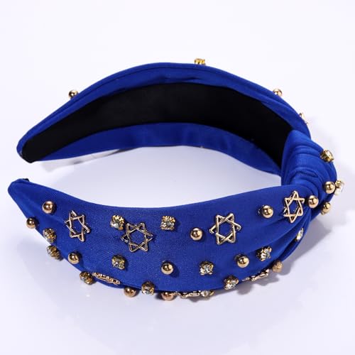 Star Headband for Women Rhinestone Crystal Jeweled Knotted Headband Wide Top Knot Star Of David Hanukkah Headband Fashion Ladies Hanukkah Christmas New Year Party Head Band Hair Accessories Gift