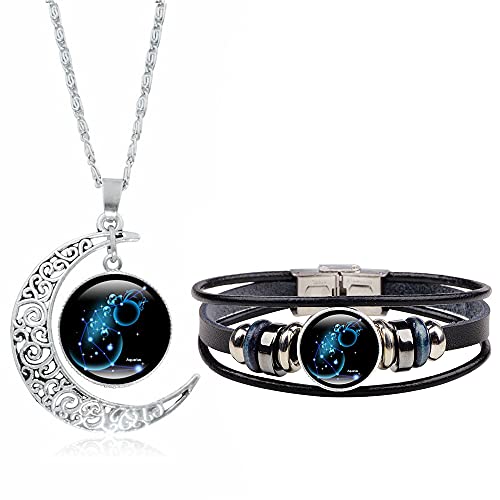 Dcfywl731 Virgo Zodiac Necklace Bracelet Set for Women Men 12 Constellation Moon Pendant Necklace Handmade Woven Zodiac Sign Wrap Bracelet Jewelry Gifts for Birthday Christmas
