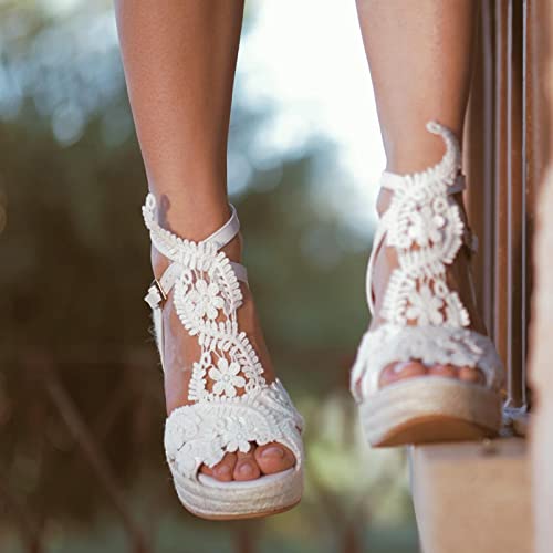 MiLanolce Women's Platform Sandals Wedge Open Toe Ankle Strap lace Wedding Shoes Bridesmaid Shoes,White,size-11