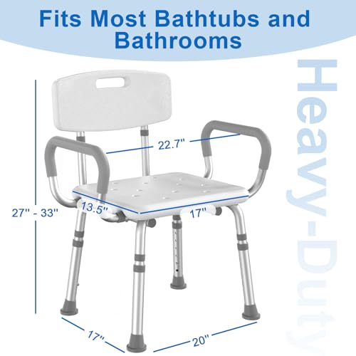 HOMLAND Shower Chair for Inside Shower with Arms and Back, FSA/HSA Eligible 500 lbs Heavy Duty Shower Seat for Bathtub, Height Adjustable Safety Bath Seat for Elderly, Adults, Handicap and Disabled