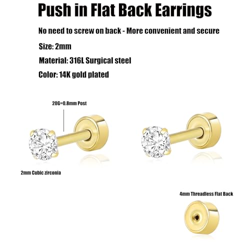 Dainty Threadless Flat Back Earrings, Surgical Steel Flat Back 2mm Stud Earrings in 14K Gold Plated Hypoallergenic | Cartilage Earring | Helix Piercing Jewelry | Push in Flat Back Earrings for Women