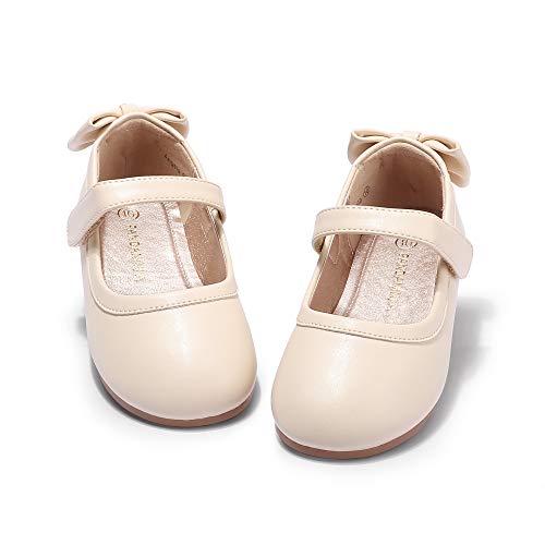 PANDANINJIA Girls Toddler/Little Kid Megan Dress Flats Shoes Pearls Bow Flower Girl Ballet Flat Mary Jane (Red Silk, 6 M US Toddler)