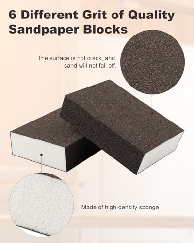 Rocaris 12 Pack Sanding Blocks, Washable and Reusable Sanding Sponge Fine Coarse for Wood and Drywall 60, 80, 100, 120, 180, 220 Grit
