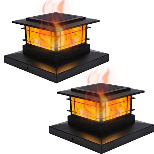 Dynaming 2 Pack Solar Post Cap Lights Outdoor with Flickering Flame Light, Fence Post Solar Lights Fit for 4x4 5x5 6x6 Vinyl/Wooden Posts, High Brightness SMD LED Lighting Decor for Garden Deck Patio