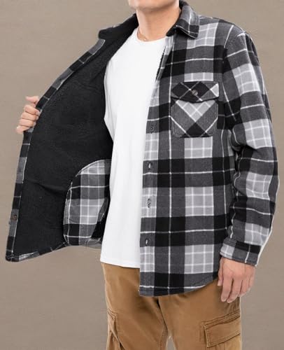 ThCreasa Mens Flannel Shacket Jacket Sherpa Lined Buffalo Plaid Warm Thick Flanelle Shirt Outdoor CPO Overshirt Redwood 3XL