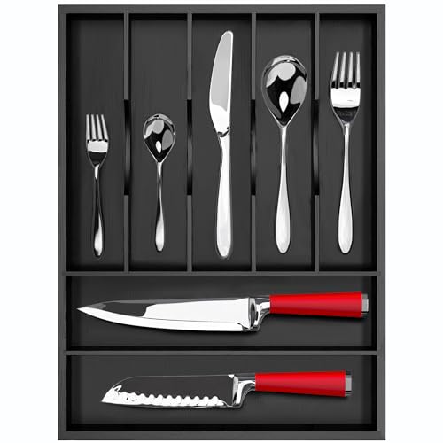 ROYAL CRAFT WOOD Luxury Bamboo Kitchen Drawer Organizer - Silverware Organizer - Utensil Holder and Cutlery Tray with Grooved Drawer Dividers for Flatware and Kitchen Utensils (7 Slot, Black)