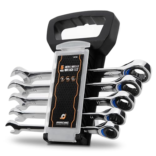 ironcube Ratcheting Wrench Set, 5-Piece, Metric 10mm to 15mm, Chrome Vanadium Steel, 72 Tooth Gear with Storage Rack