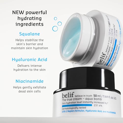 belif The True Cream Aqua Bomb 25ml: Daily Lightweight Facial Moisturizer, Hydrating & Plumping Face Cream, Hyaluronic Acid, Niacinamide, Squalane, For All Skin Types, No Mineral Oils Korean Skin Care