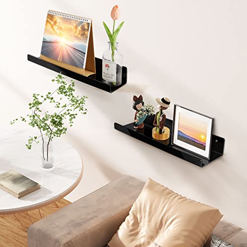 upsimples 2 Pack Acrylic Shelves for Wall Storage, 15" Floating Bookshelves for Kids, Display Shelf Organizer for Bathroom, Bedroom, Living Room, Kitchen, Room Decor, Black
