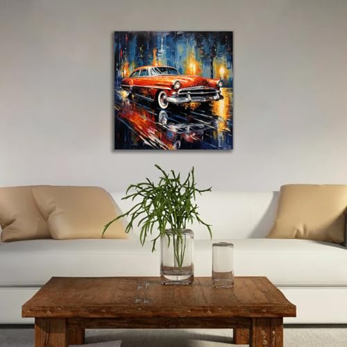 QIXIANG Abstract Car Wall Art Retro Red Car Picture Wall Decor Modern Home Decor Artwork Boys Room Bar Office Decor Ready to Hang (Red Car 2, 12.00" x 12.00")