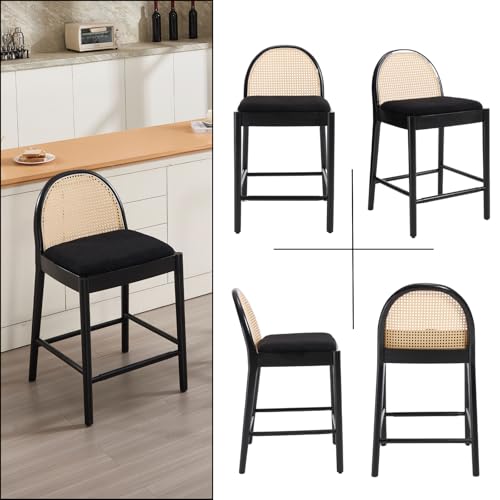 HEAH-YO Rattan Counter Stools Set of 2, 26 Inches Counter Height Bar Stools with Backrests and Wood Legs, Upholstered Sherpa Rattan Kitchen Stool for Island, Black