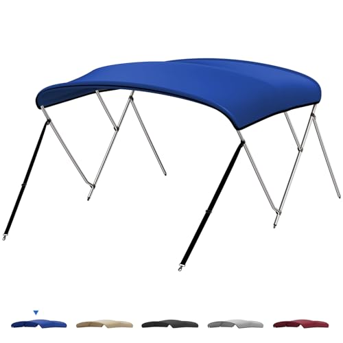 KEMIMOTO Bimini Top for Boat, 3 Bow 4 Bow Bimini Tops Cover 600D Marine Grade Canvas Boat Canopy with 6-8ft Length 54" - 96" Width, Includes Mounting Hardware, 2 Straps 2 Rear Support Poles